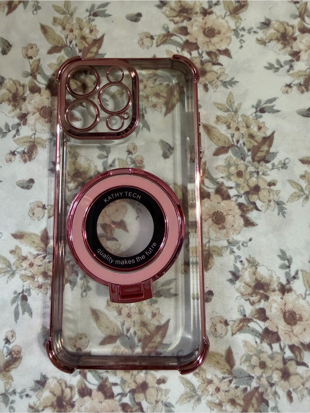 Amazon Clear Phone Case with Pink Ring Holder and Rose Trim 16 pro max